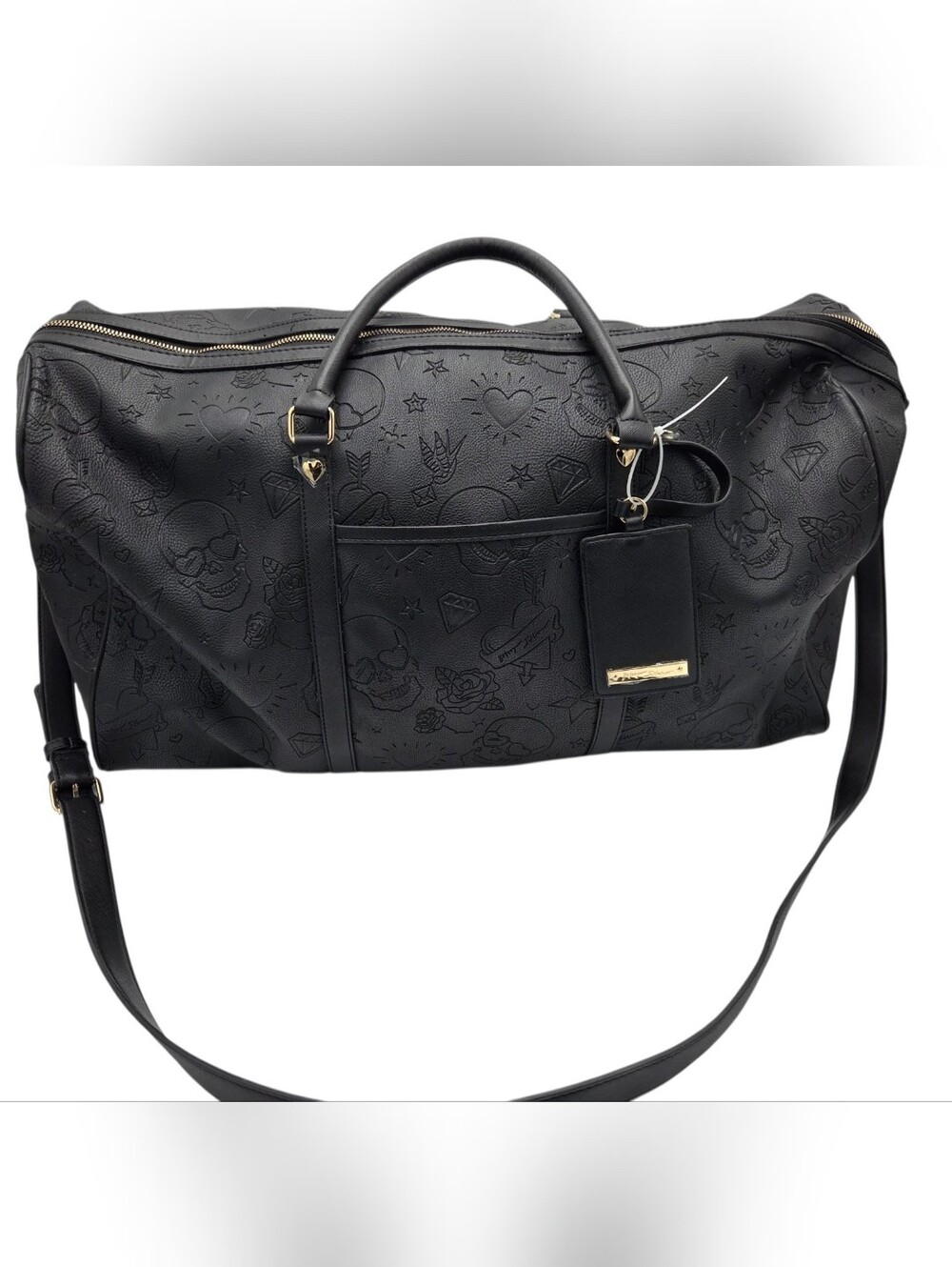 Betsey Johnson Black Skull Tattoo Embossed Travel Weekender Duffle Bag Crossbody